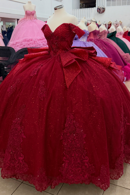 Glittery Tulle Wine Red Quinceanera Dresses Ball Gown Lace Appliqued Sweet 15 Party Gown HE1673