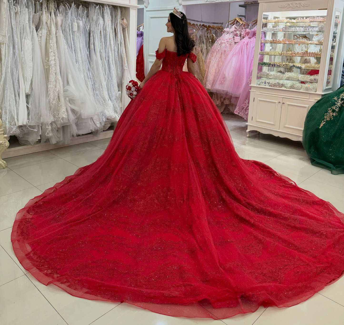 Luxury Glittery Tulle Appliqued Red Quinceanera Dresses Lace Party Gowns for Sweet 16 HE1675