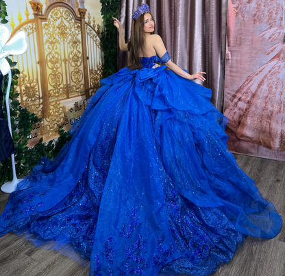 Off Shoulder Lace Crystal Appliqued Blue Quinceanera Dresses for Sweet 15 Party HE1677
