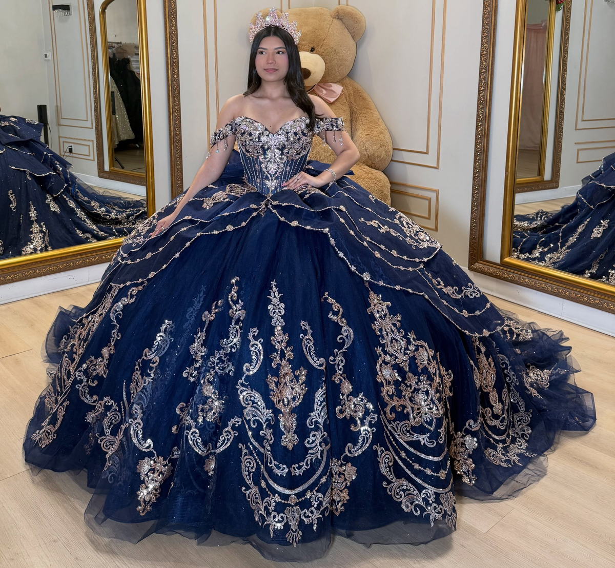Lace Appliqued Crystal Beaded Navy Quinceanera Dresses for Sweet 16 Birthday Party HE1717