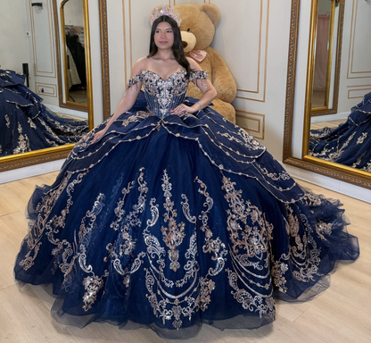 Lace Appliqued Crystal Beaded Navy Quinceanera Dresses for Sweet 16 Birthday Party HE1717