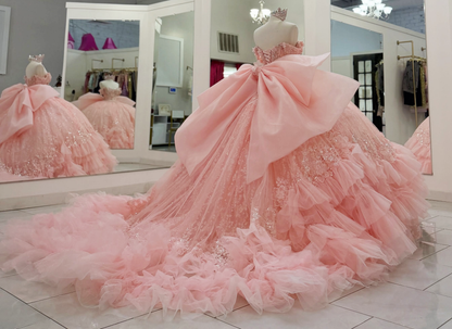 Off Shoulder Tulle Ruffled Pink Quinceanera Dresses Ball Gown Sweet 16 Party Dress HE1700