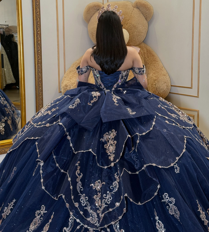 Lace Appliqued Crystal Beaded Navy Quinceanera Dresses for Sweet 16 Birthday Party HE1717