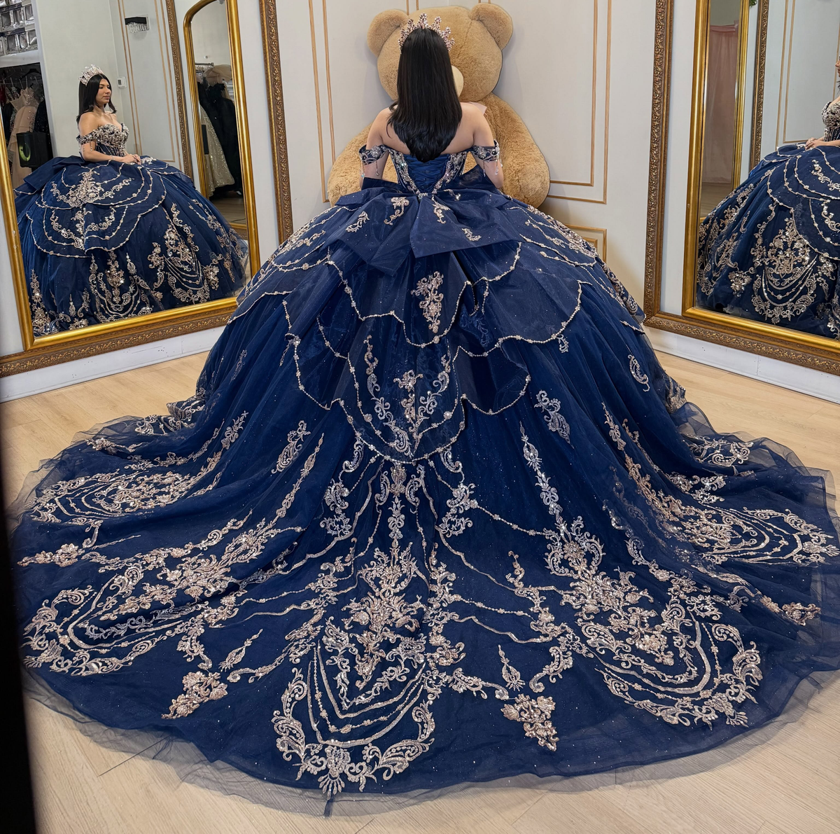 Lace Appliqued Crystal Beaded Navy Quinceanera Dresses for Sweet 16 Birthday Party HE1717