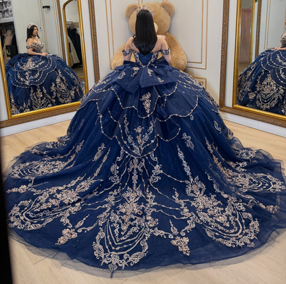Lace Appliqued Crystal Beaded Navy Quinceanera Dresses for Sweet 16 Birthday Party HE1717