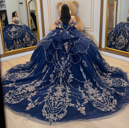 Lace Appliqued Crystal Beaded Navy Quinceanera Dresses for Sweet 16 Birthday Party HE1717