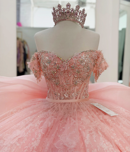 Off Shoulder Tulle Ruffled Pink Quinceanera Dresses Ball Gown Sweet 16 Party Dress HE1700