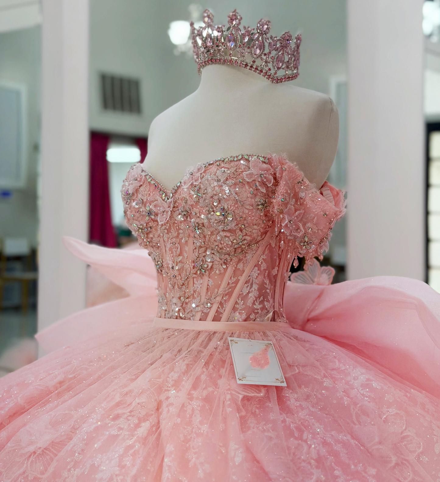 Off Shoulder Tulle Ruffled Pink Quinceanera Dresses Ball Gown Sweet 16 Party Dress HE1700