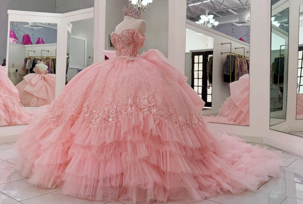 Off Shoulder Tulle Ruffled Pink Quinceanera Dresses Ball Gown Sweet 16 Party Dress HE1700