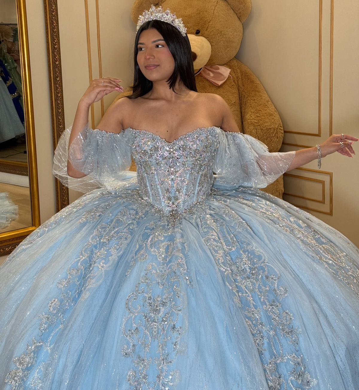 Tulle Lace Appliqued Blue Quinceanera Dresses Off Shoulder Sweet 16 Birthday Gown HE1716