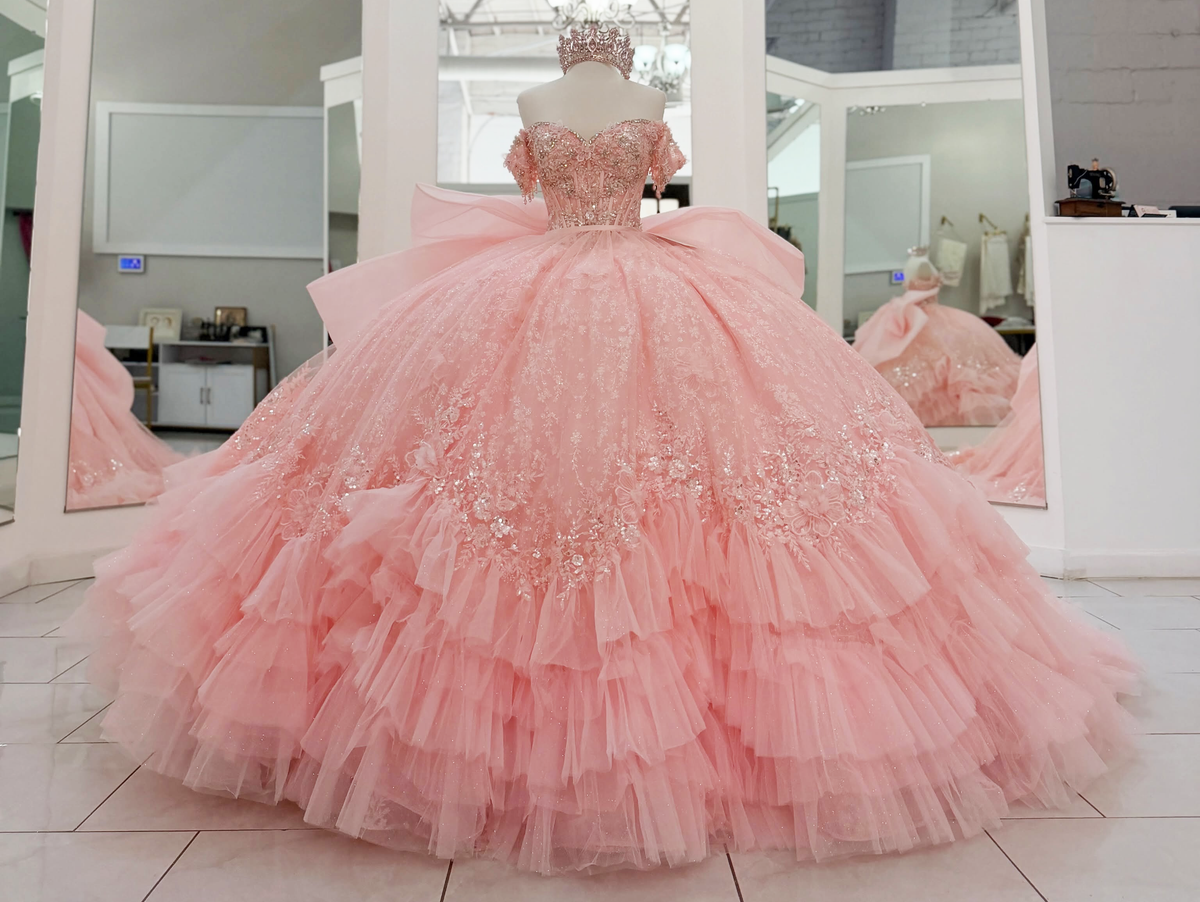 Off Shoulder Tulle Ruffled Pink Quinceanera Dresses Ball Gown Sweet 16 Party Dress HE1700