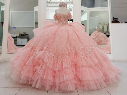 Off Shoulder Tulle Ruffled Pink Quinceanera Dresses Ball Gown Sweet 16 Party Dress HE1700