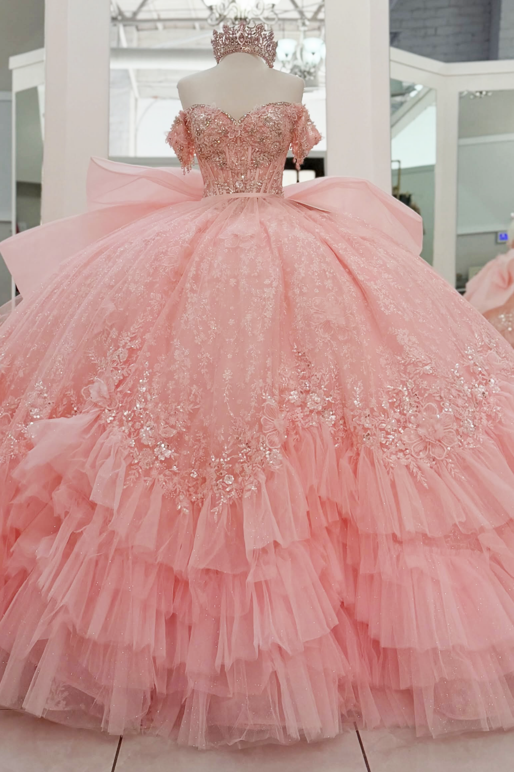 Off Shoulder Tulle Ruffled Pink Quinceanera Dresses Ball Gown Sweet 16 Party Dress HE1700