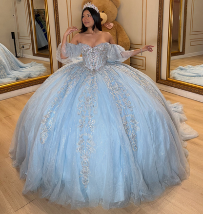 Tulle Lace Appliqued Blue Quinceanera Dresses Off Shoulder Sweet 16 Birthday Gown HE1716