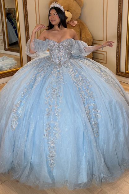 Tulle Lace Appliqued Blue Quinceanera Dresses Off Shoulder Sweet 16 Birthday Gown HE1716