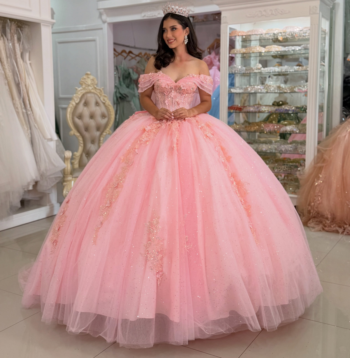 Sweet 15 Pink Quinceanera Dresses Tulle Lace Appliqued Ball Gown Birthday Party Dress HE1704