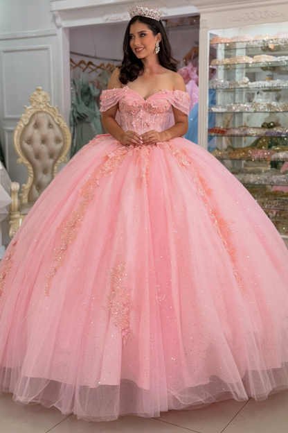 Sweet 15 Pink Quinceanera Dresses Tulle Lace Appliqued Ball Gown Birthday Party Dress HE1704