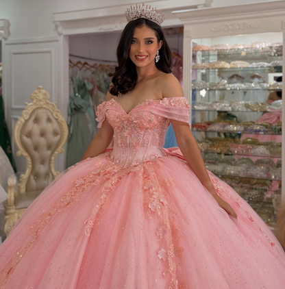 Sweet 15 Pink Quinceanera Dresses Tulle Lace Appliqued Ball Gown Birthday Party Dress HE1704