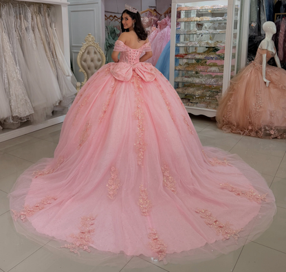 Sweet 15 Pink Quinceanera Dresses Tulle Lace Appliqued Ball Gown Birthday Party Dress HE1704