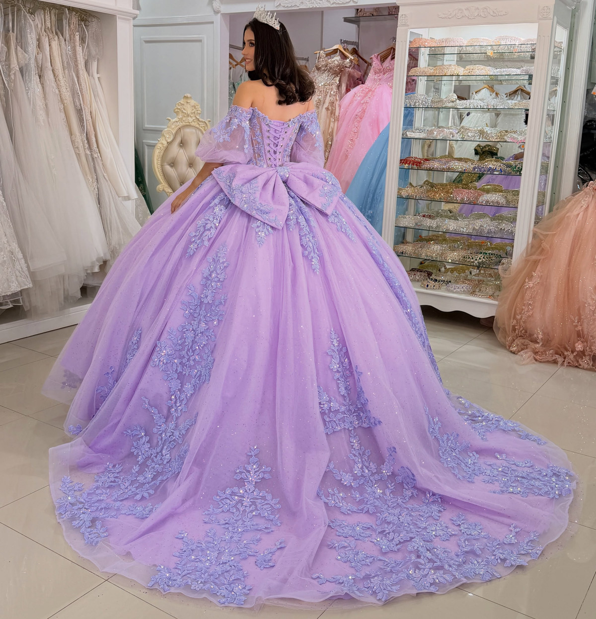 Off Shoulder Lilac Quinceanera Dresses Tulle Lace Appliqued Party Gowns for Sweet 16 HE1697