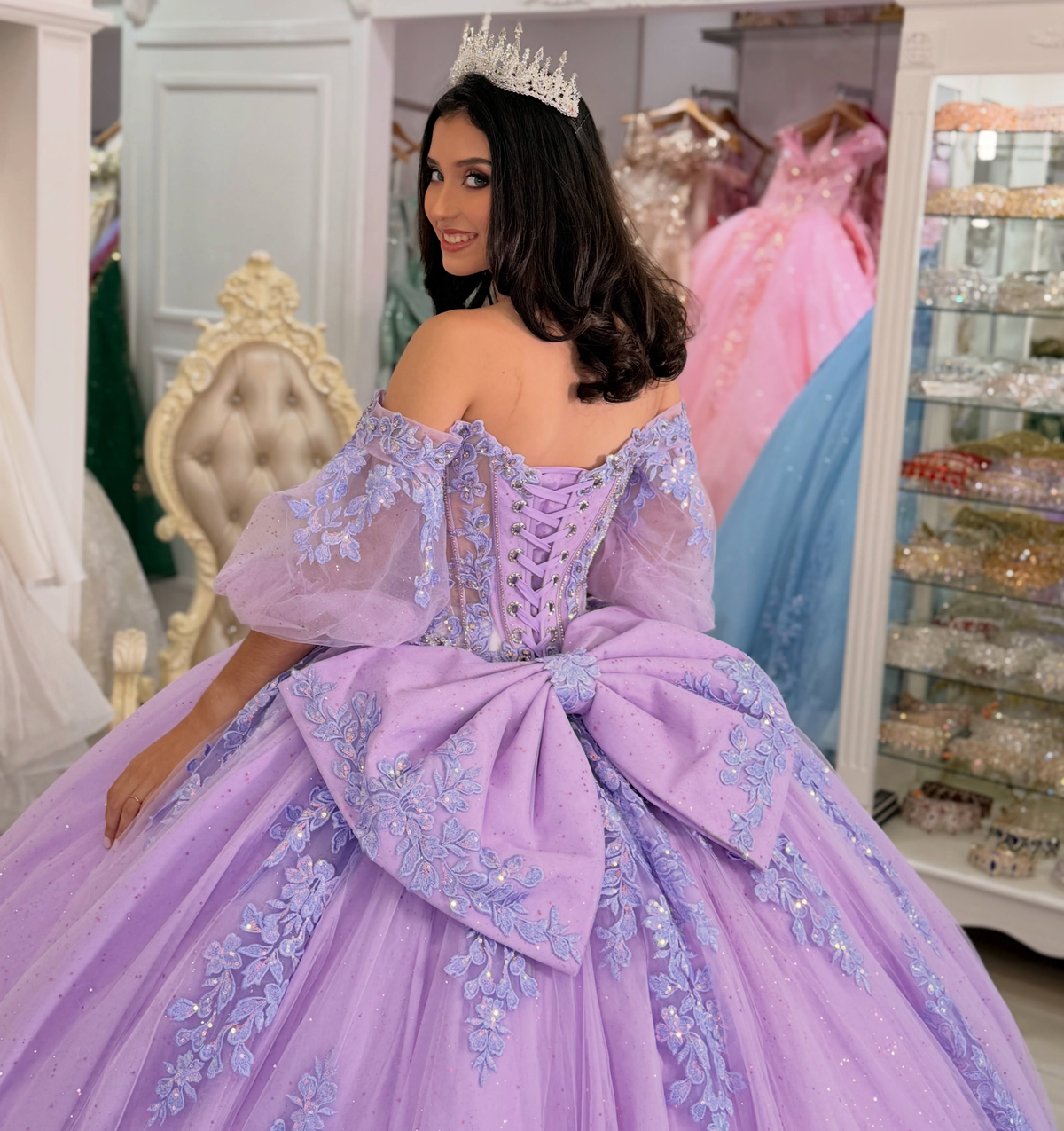 Off Shoulder Lilac Quinceanera Dresses Tulle Lace Appliqued Party Gowns for Sweet 16 HE1697