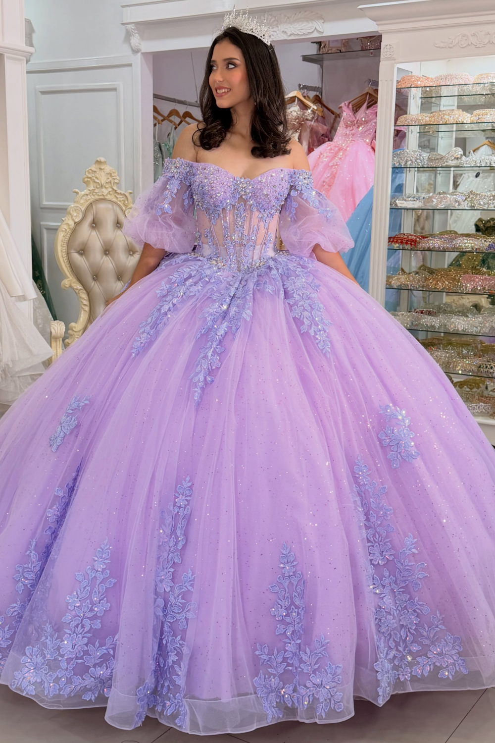 Off Shoulder Lilac Quinceanera Dresses Tulle Lace Appliqued Party Gowns for Sweet 16 HE1697