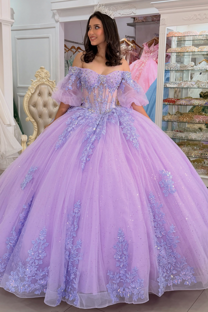 Off Shoulder Lilac Quinceanera Dresses Tulle Lace Appliqued Party Gowns for Sweet 16 HE1697
