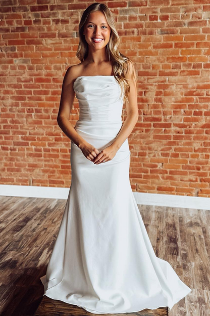 Strapless Mermaid Satin Wedding Dresses for Bride Boho Simple Wedding Gowns HE1788