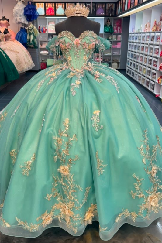 Vestidos de quinceañera con hombros descubiertos, tul princesa, apliques, vestidos de quinceañera HE530