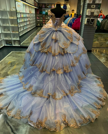 Princess Lace Ruffled Lilac Quinceanera Dresses Tulle Sweet 16 Party Gowns HE1817
