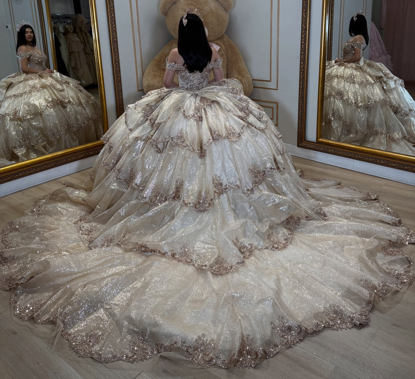Tulle Lace Appliqued Ruffled Quinceanera Dresses Off Shoulder Sweet 16 Party Gowns HE1711