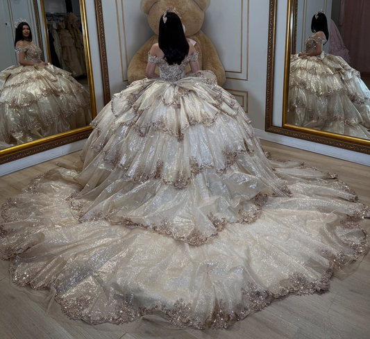 Tulle Lace Appliqued Ruffled Quinceanera Dresses Off Shoulder Sweet 16 Party Gowns HE1711