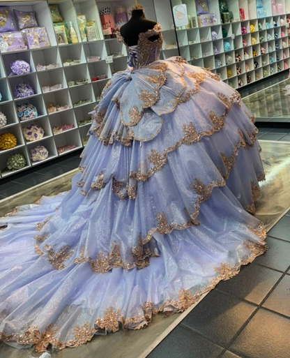 Princess Lace Ruffled Lilac Quinceanera Dresses Tulle Sweet 16 Party Gowns HE1817