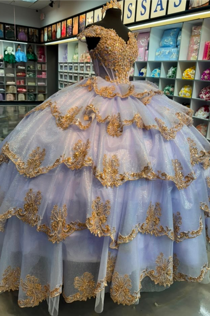 Princess Lace Ruffled Lilac Quinceanera Dresses Tulle Sweet 16 Party Gowns HE1817