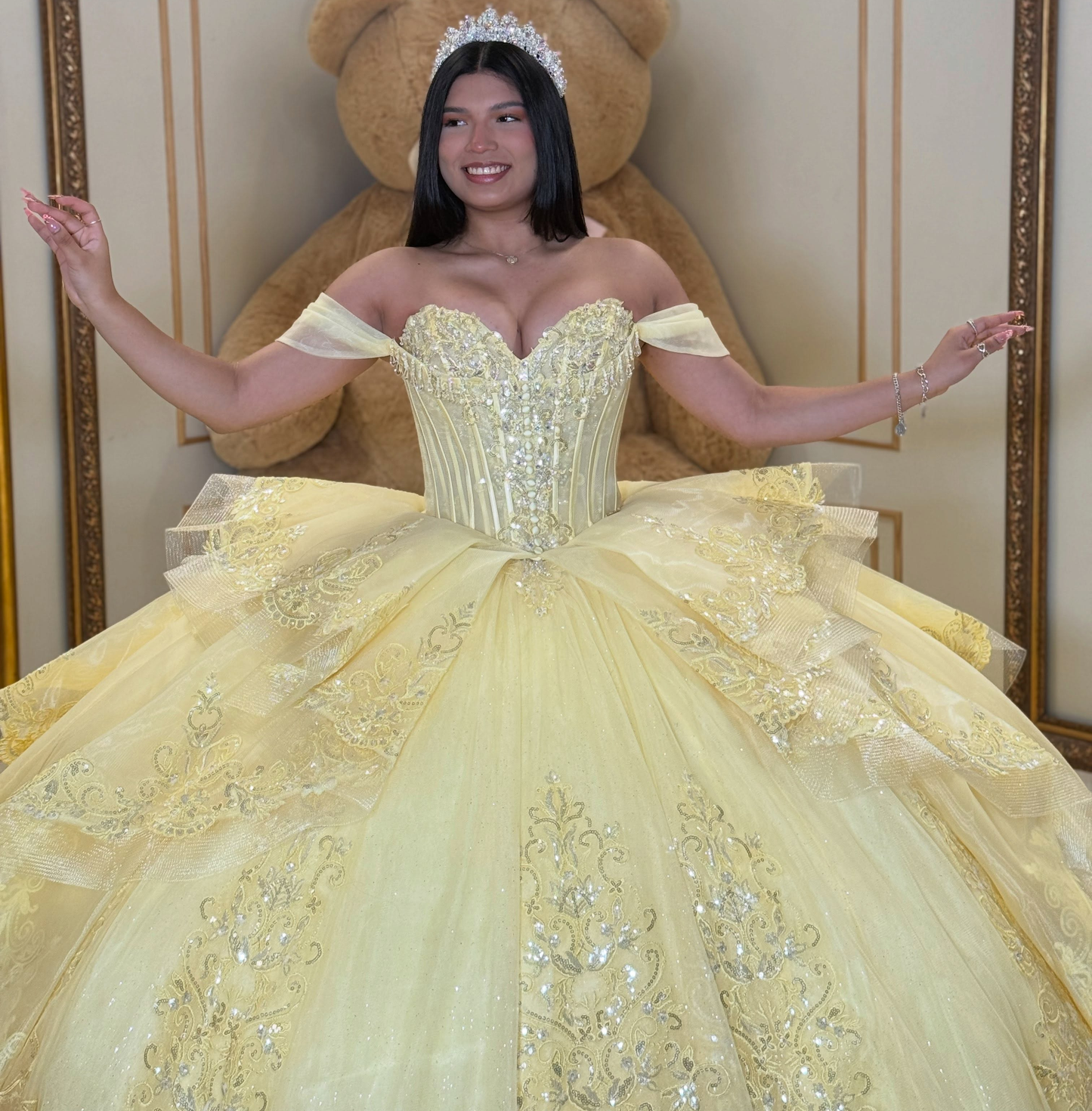 Vestidos de quinceañera con hombros descubiertos, tul princesa, apliques, vestidos de quinceañera HE530