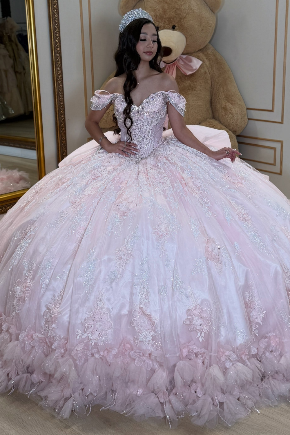Off Shoulder Pink Quinceanera Dresses Tulle Appliqued Sweet 15 Birthday Gowns HE1712
