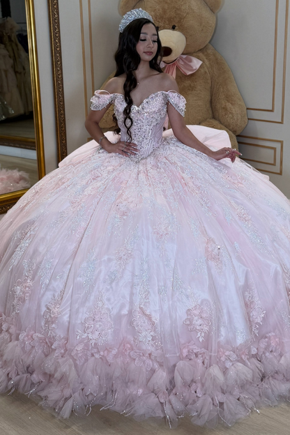 Off Shoulder Pink Quinceanera Dresses Tulle Appliqued Sweet 15 Birthday Gowns HE1712