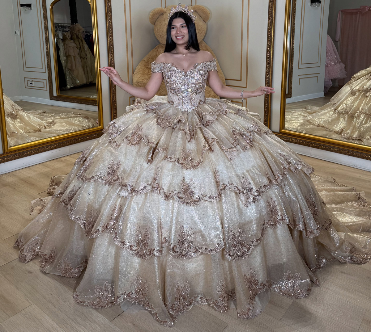 Tulle Lace Appliqued Ruffled Quinceanera Dresses Off Shoulder Sweet 16 Party Gowns HE1711