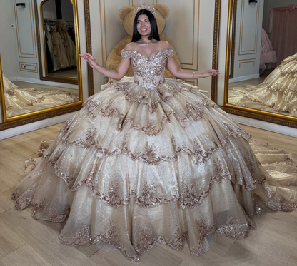 Tulle Lace Appliqued Ruffled Quinceanera Dresses Off Shoulder Sweet 16 Party Gowns HE1711