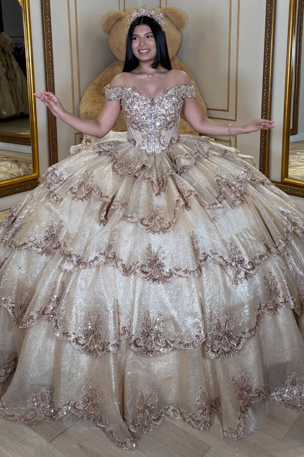 Tulle Lace Appliqued Ruffled Quinceanera Dresses Off Shoulder Sweet 16 Party Gowns HE1711