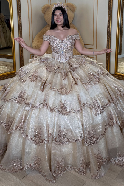 Tulle Lace Appliqued Ruffled Quinceanera Dresses Off Shoulder Sweet 16 Party Gowns HE1711