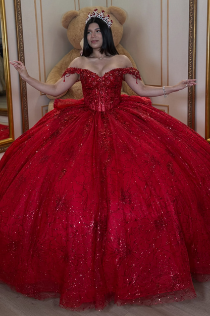 Luxury Lace Crystal Beaded Red Quinceanera Dresses Sweet 16 Celebration Gowns HE1713