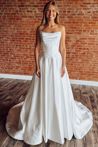 Women's Satin A Line Wedding Dresses Sweetheart Pleated Wedding Gowns for Bride HE1785