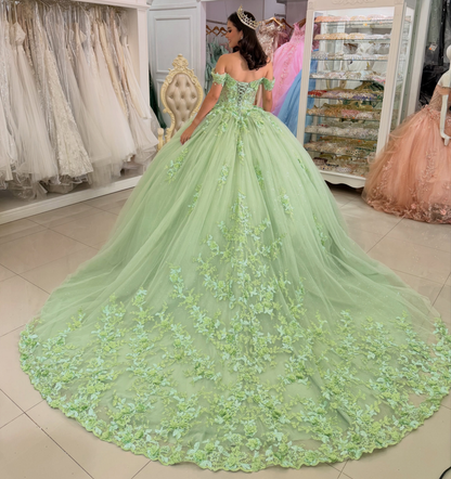 Vestidos de quinceañera con hombros descubiertos, tul princesa, apliques, vestidos de quinceañera HE530
