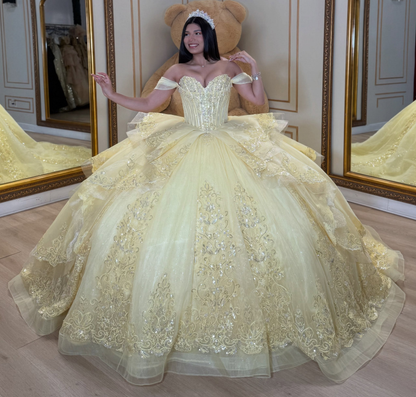 Vestidos de quinceañera con hombros descubiertos, tul princesa, apliques, vestidos de quinceañera HE530