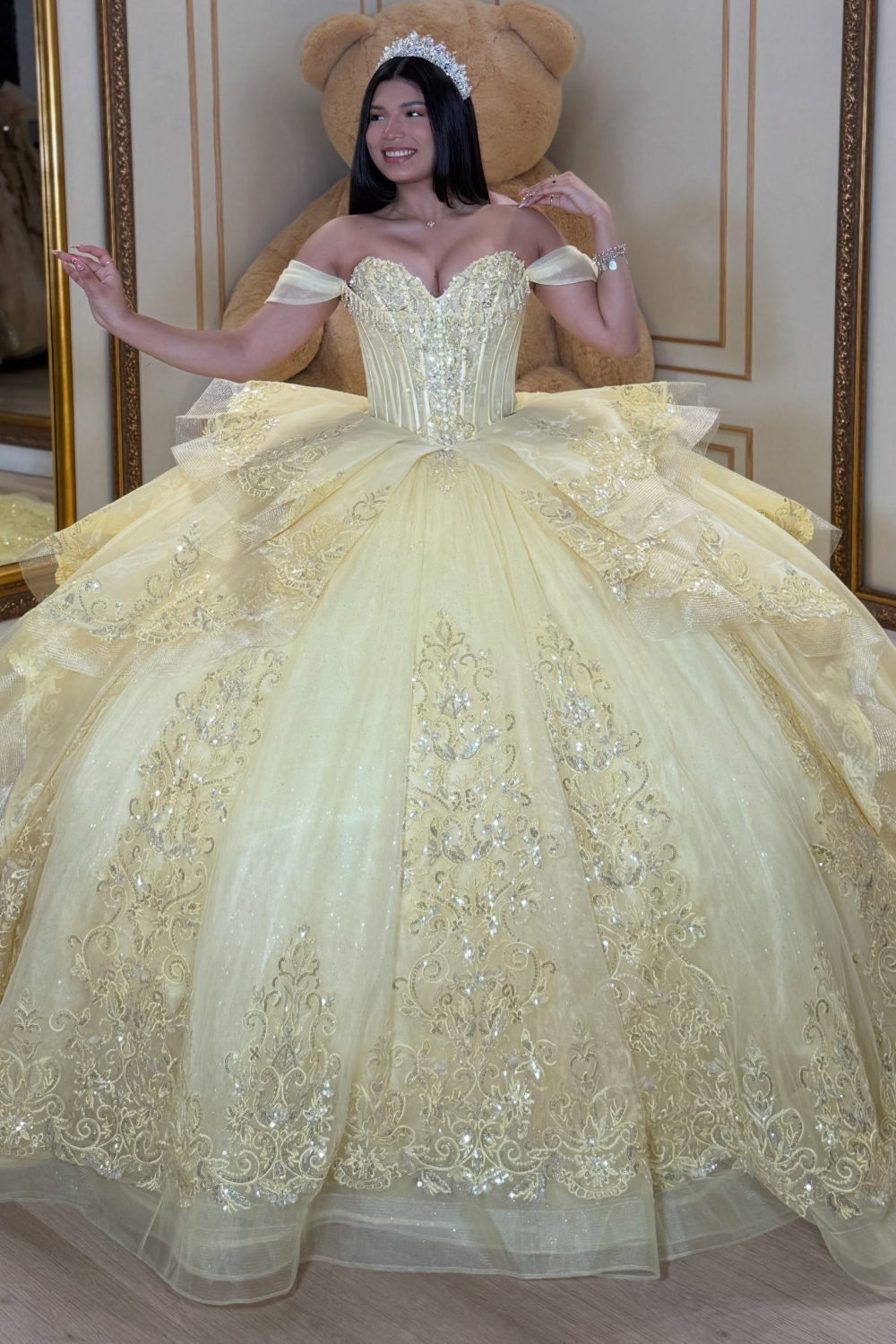 Off Shoulder Lace Appliqued Tulle Yellow Quinceanera Dresses for Sweet