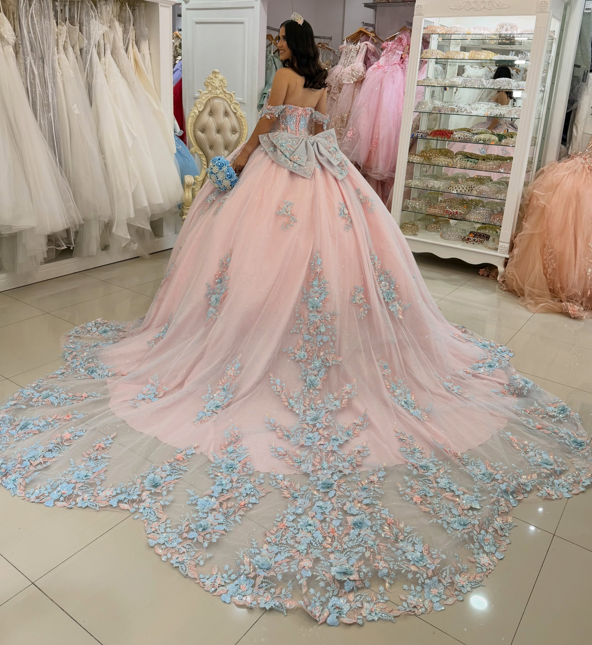 Off Shoulder Lace Appliqued Pink Quinceanera Dresses Sweet 16 Celebration Gowns HE1710