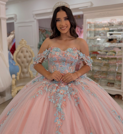 Off Shoulder Lace Appliqued Pink Quinceanera Dresses Sweet 16 Celebration Gowns HE1710