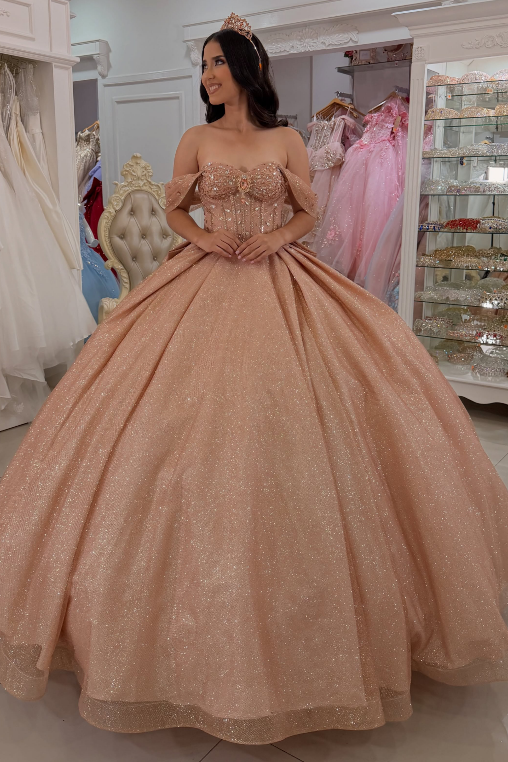 Vestidos de quinceañera con hombros descubiertos, tul princesa, apliques, vestidos de quinceañera HE530