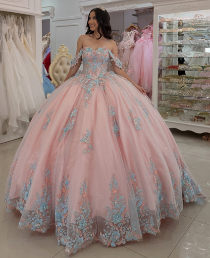 Off Shoulder Lace Appliqued Pink Quinceanera Dresses Sweet 16 Celebration Gowns HE1710